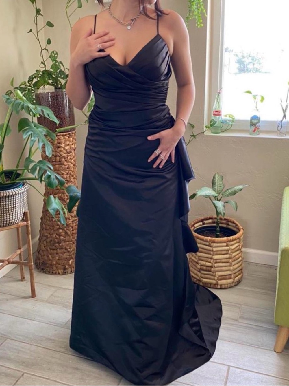 Bill Levkoff Black Satin Spaghetti Strap Evening Gown